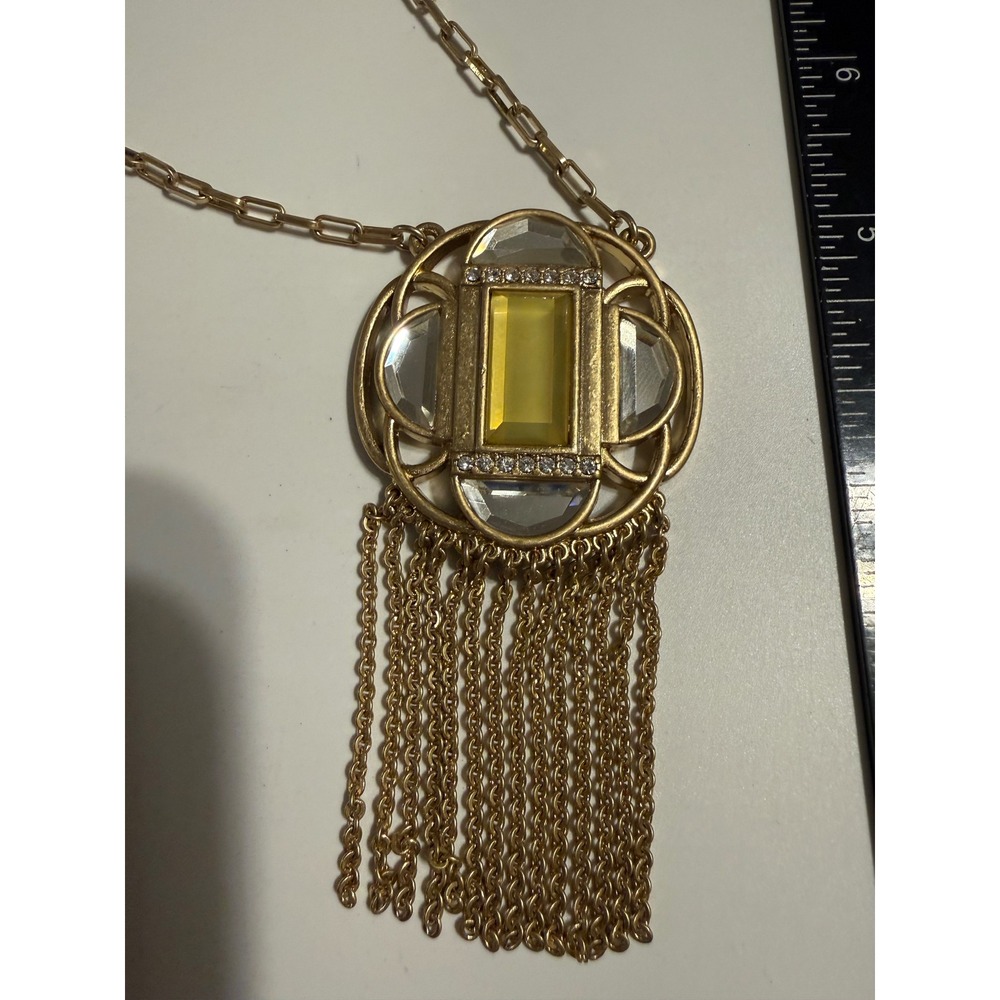 Lia Sophia Gold Tone Geometric Pendant Fringe‎ Statement Necklace Yellow Crystal